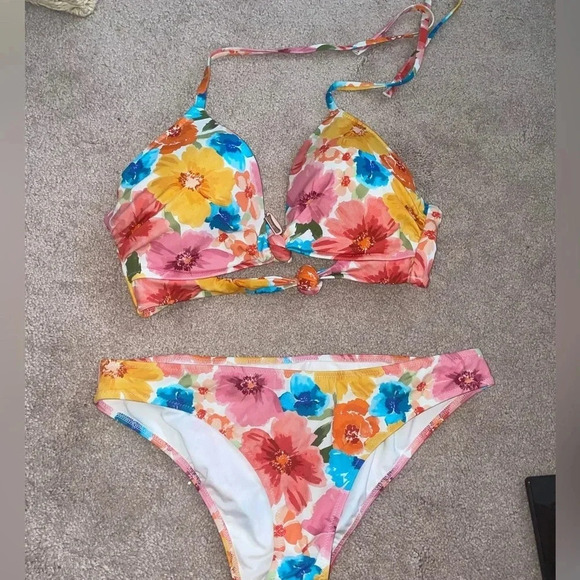 Shade & Shore  Lightly Lined Longline Double Knot-Front Bikini Top Floral size M - Picture 12 of 13